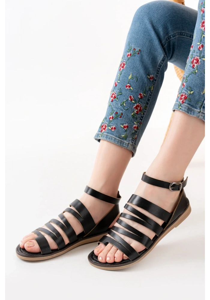 205-041 Siyah Ortopedik Hakiki Deri Kadın Sandalet