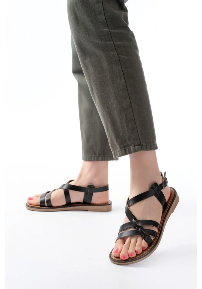 205-05 Siyah Ortopedik Hakiki Deri Kadın Sandalet