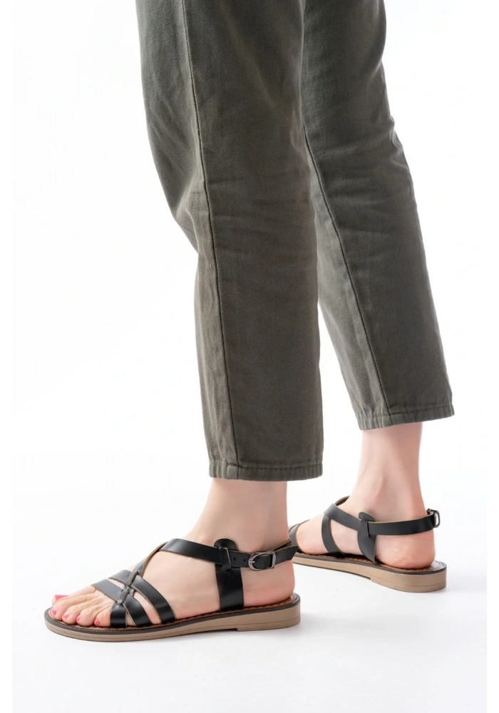 205-05 Siyah Ortopedik Hakiki Deri Kadın Sandalet