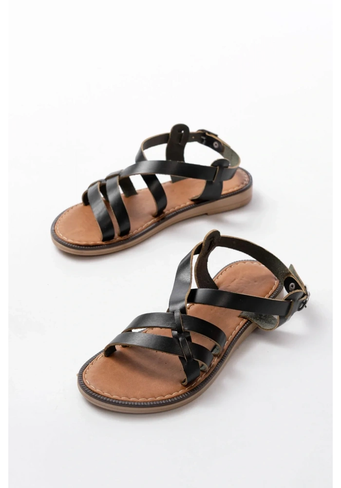 205-05 Siyah Ortopedik Hakiki Deri Kadın Sandalet