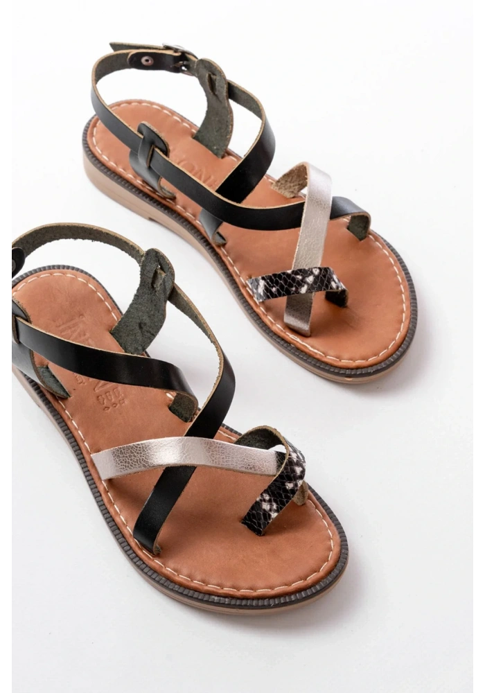 205-08 Siyah Garni  Ortopedik Hakiki Deri Kadın Sandalet