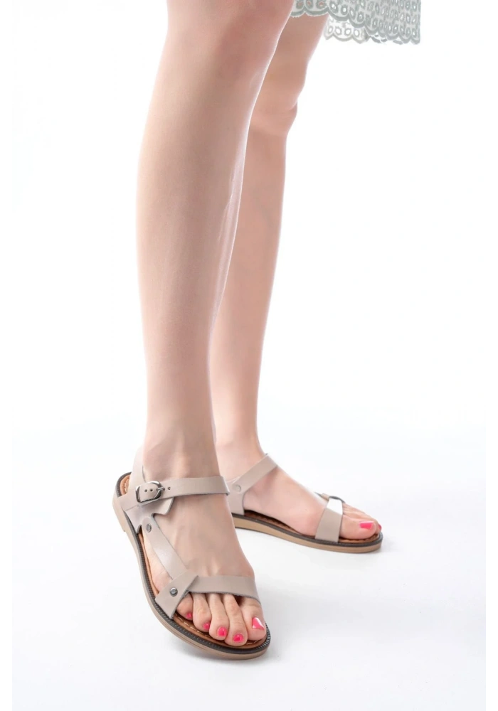 205-090 Bej Hakiki Deri Tokalı Kadın Sandalet