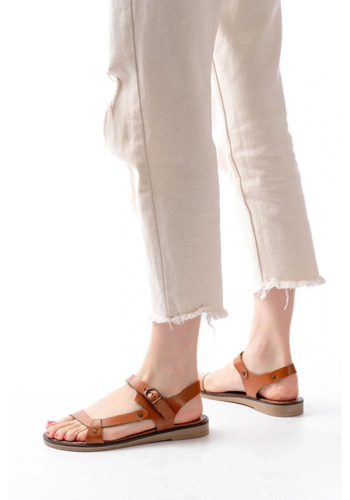 205-090 Taba  Hakiki Deri Tokalı Kadın Sandalet