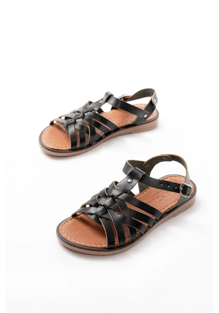 205-208 Siyah Hakiki Deri Ortopedik Taban Kadın Sandalet