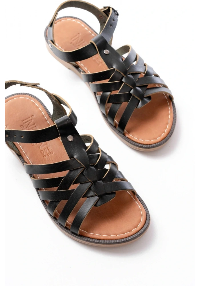 205-208 Siyah Hakiki Deri Ortopedik Taban Kadın Sandalet