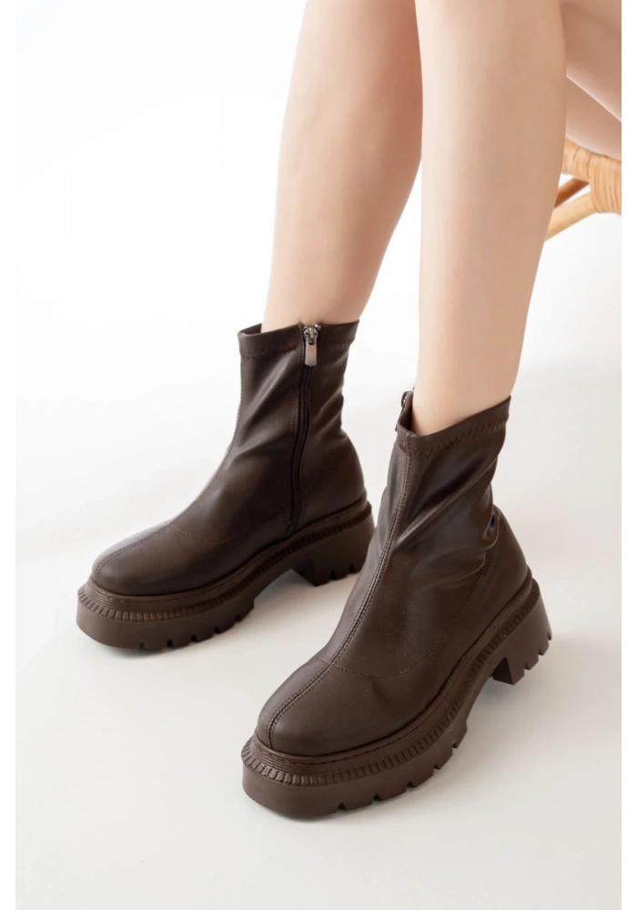 236-2011 Kahve Streç Fermuarlı Günlük Kadın Bot