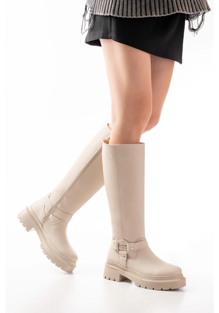 236-3021 Bej Fermuarlı Günlük Kadın Çizme