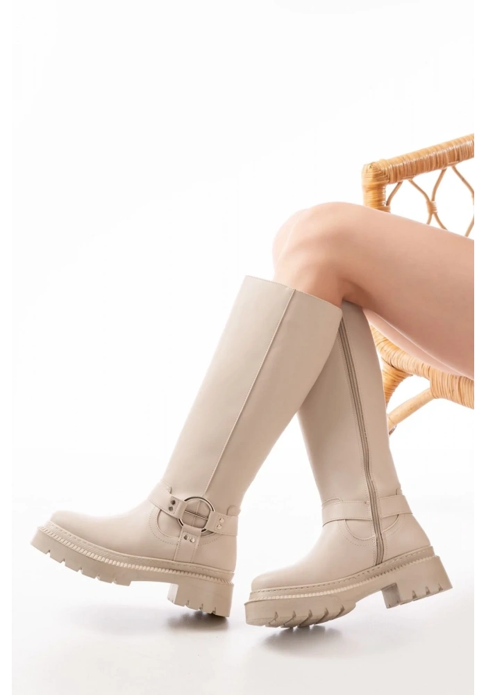 236-3021 Bej Fermuarlı Günlük Kadın Çizme