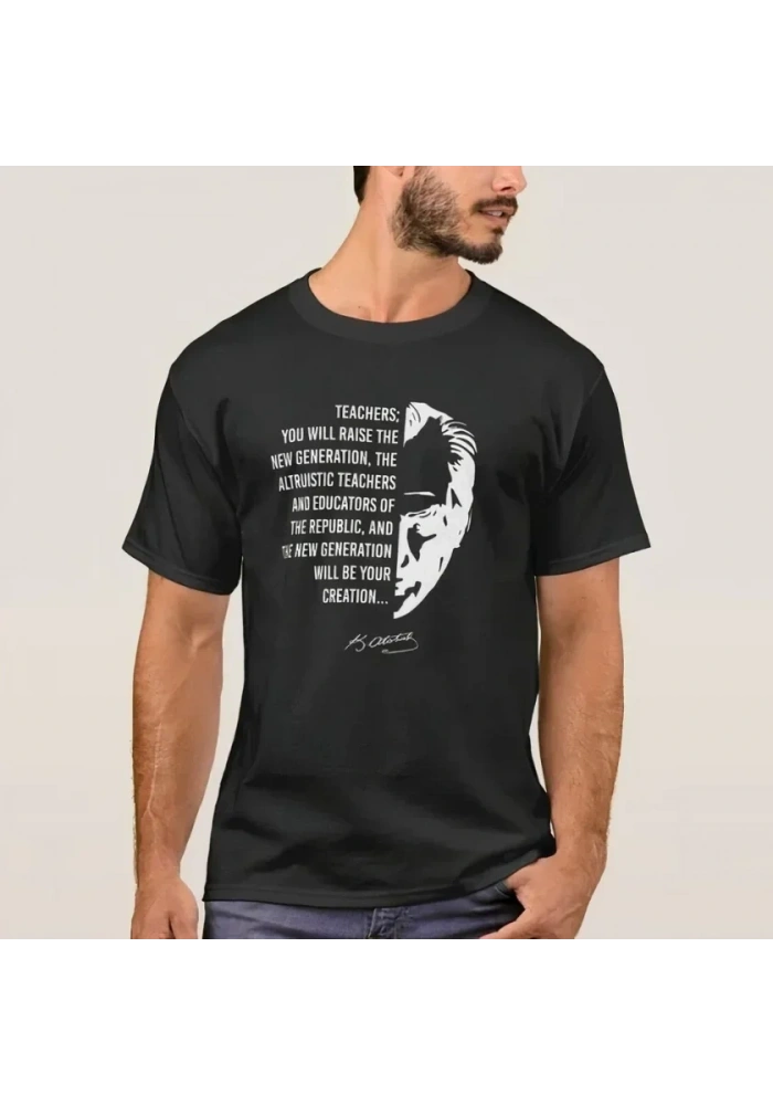 24 Kasım Öğretmenler Günü Temalı Baskılı Bisiklet Yaka T-shirt - Siyah