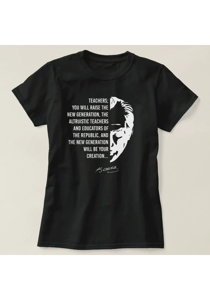 24 Kasım Öğretmenler Günü Temalı Baskılı Bisiklet Yaka T-shirt - Siyah
