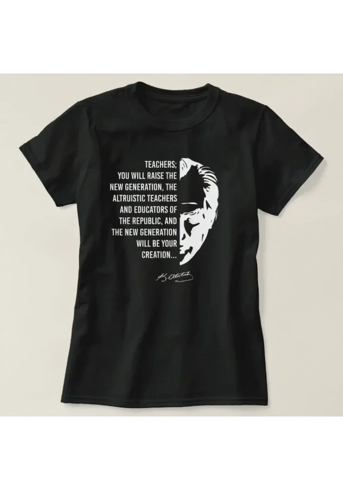 24 Kasım Öğretmenler Günü Temalı Baskılı Bisiklet Yaka T-shirt - Siyah