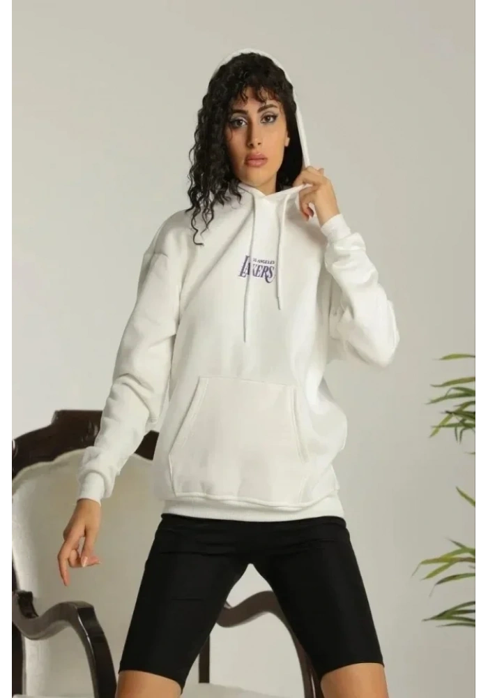 24 Sırt Baskılı Ovresize Üç İplik Kapüşonlu Sweatshirt - Beyaz