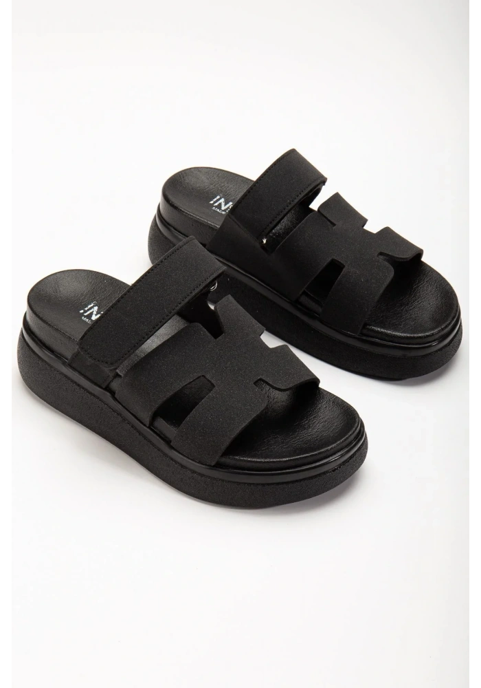 24422-HERMES Siyah Dolgu Topuk Kadın Sandalet