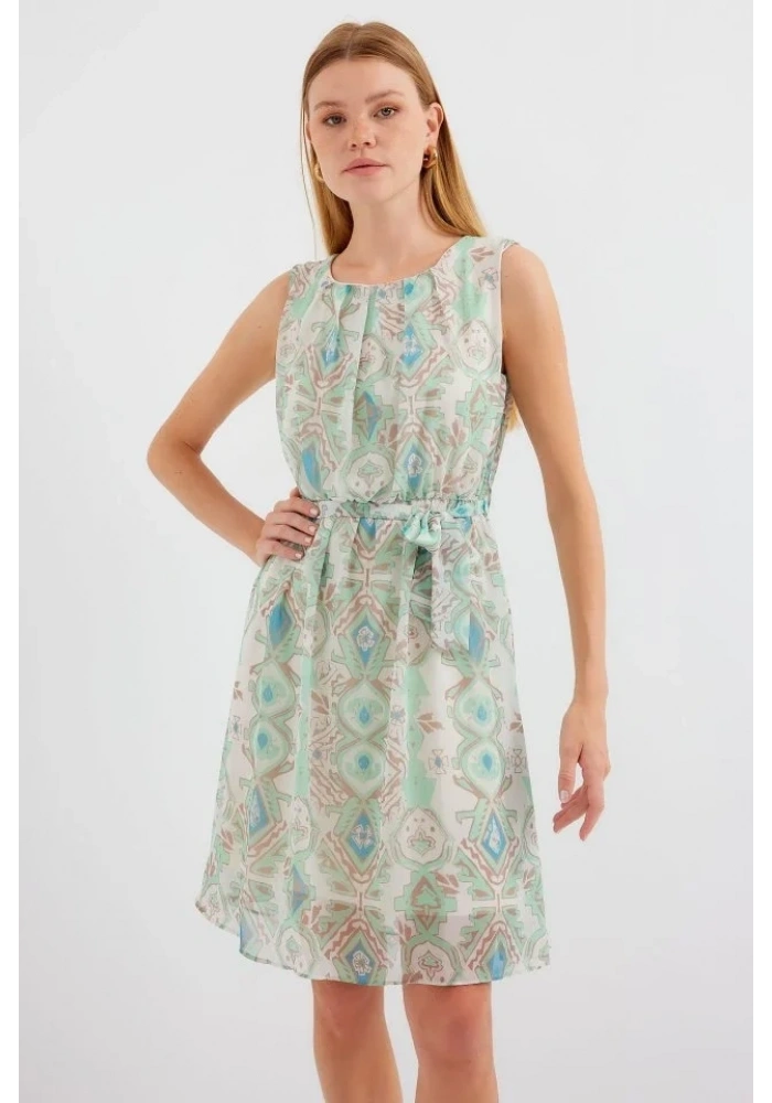 2501 Desenli Sıfır Kol Şifon Elbise - Mint