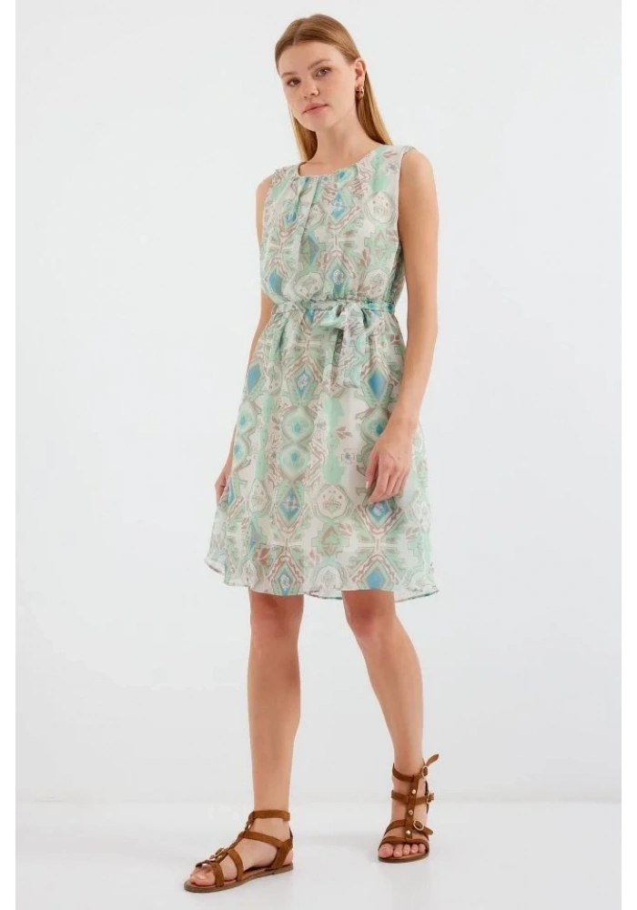 2501 Desenli Sıfır Kol Şifon Elbise - Mint