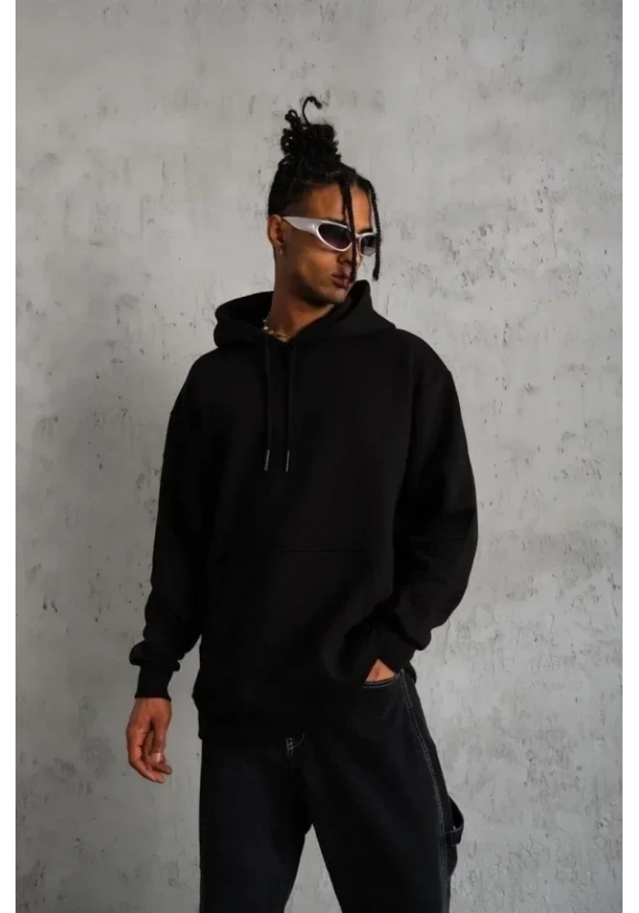 3 İplik Kapşonlu Sweatshirt Hoodie - Siyah