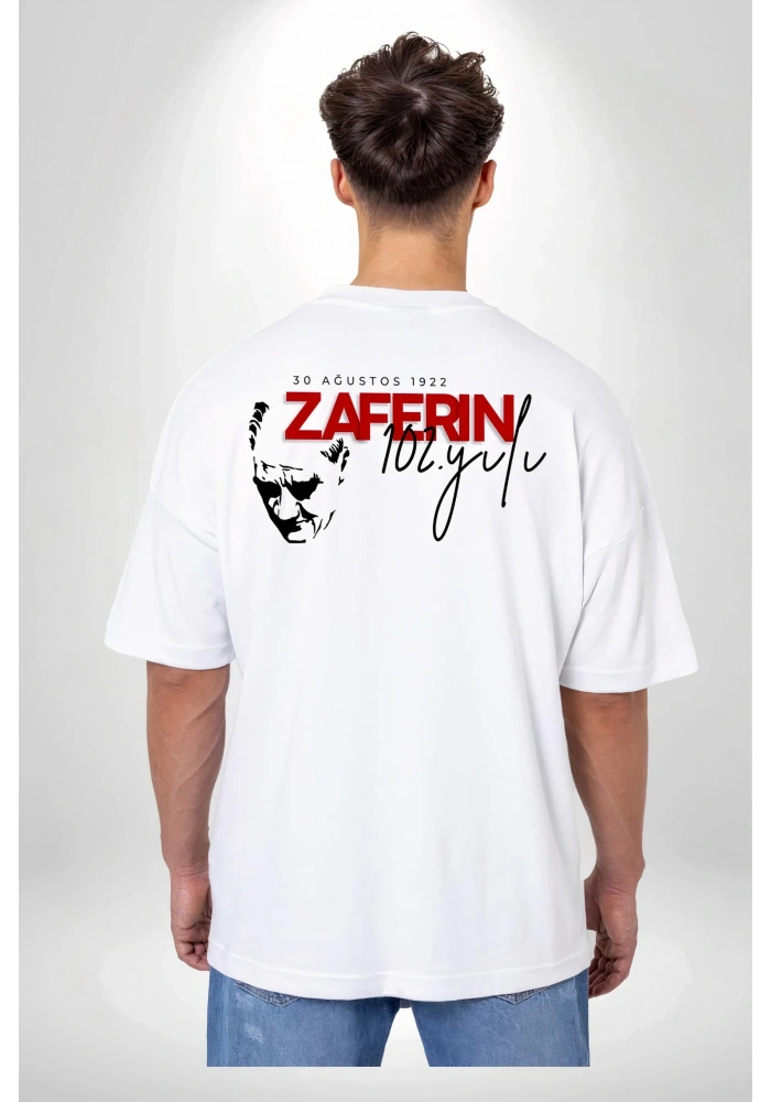 30 Ağustos Zafer Bayramı Ön Arka Baskılı Oversize Bisiklet Yaka T-shirt - Beyaz