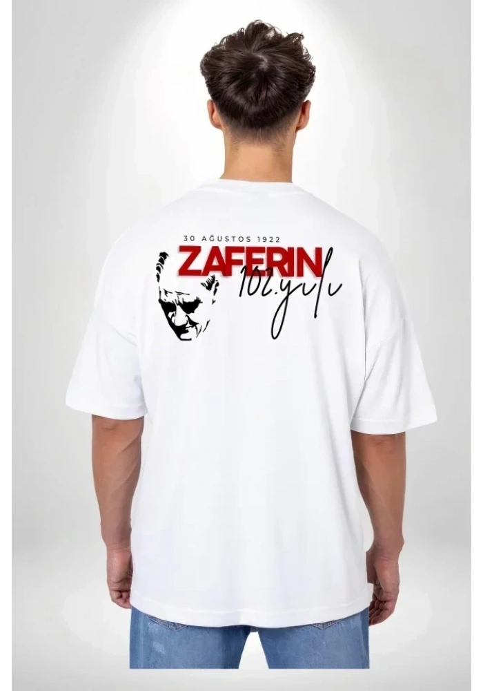30 Ağustos Zafer Bayramı Ön Arka Baskılı Oversize Bisiklet Yaka T-shirt - Beyaz