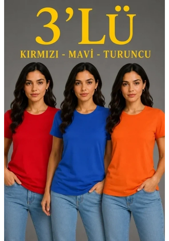 3’lü Kısa Kollu Bisiklet Yaka Basic Slim Fit T-Shirt - Kırmızı - Mavi - Turuncu