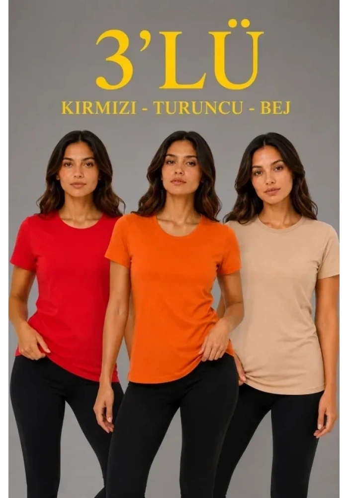 3’lü Kısa Kollu Bisiklet Yaka Basic Slim Fit T-Shirt - Kırmızı - Turuncu - Bej