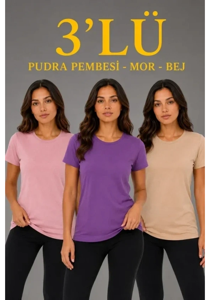 3’lü Kısa Kollu Bisiklet Yaka Basic Slim Fit T-Shirt - Pudra Pembe - Mor - Bej