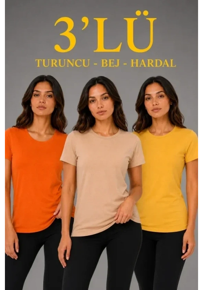 3’lü Kısa Kollu Bisiklet Yaka Basic Slim Fit T-Shirt - Turuncu - Bej - Hardal