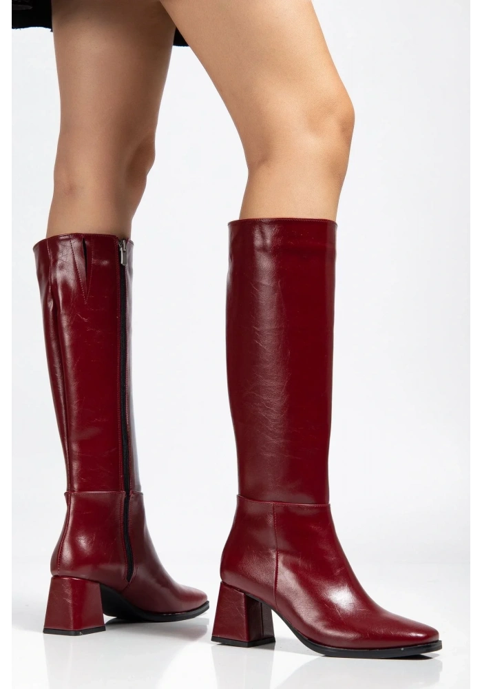 4804 Bordo Kırışık Rugan Fermuarlı Günlük Bayan Çizme
