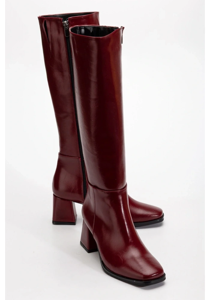 4804 Bordo Kırışık Rugan Fermuarlı Günlük Bayan Çizme