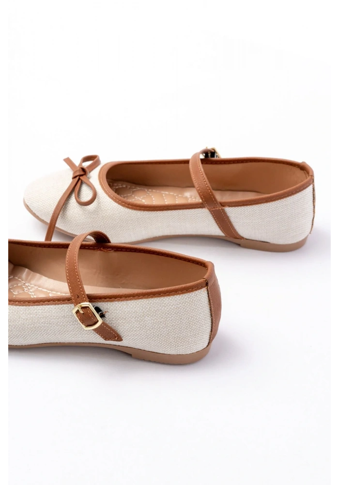 6321 Bej Keten Günlük Baret Tokalı Bayan Babet