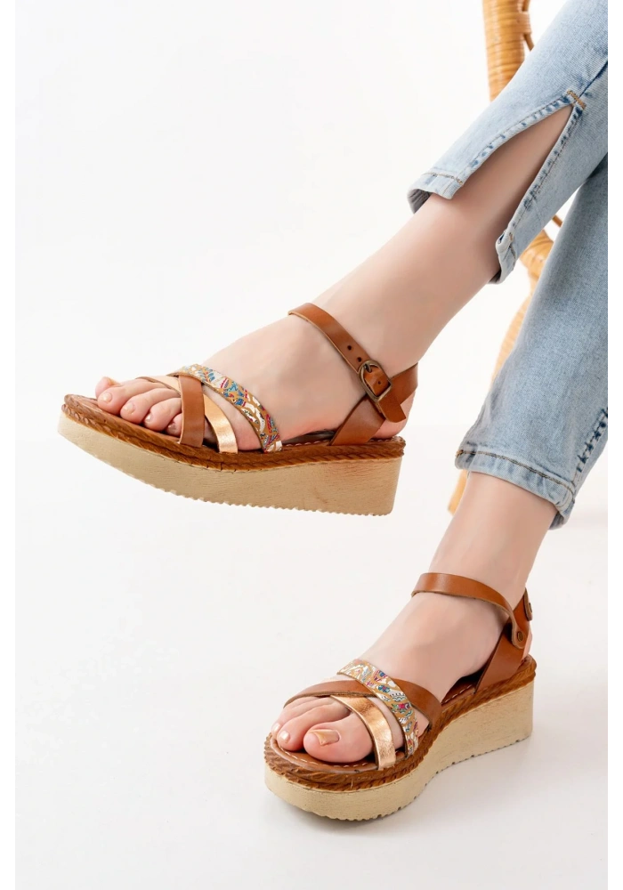 730-015 Taba Garni Ortopedik Hakiki Deri Dolgu Kadın Sandalet