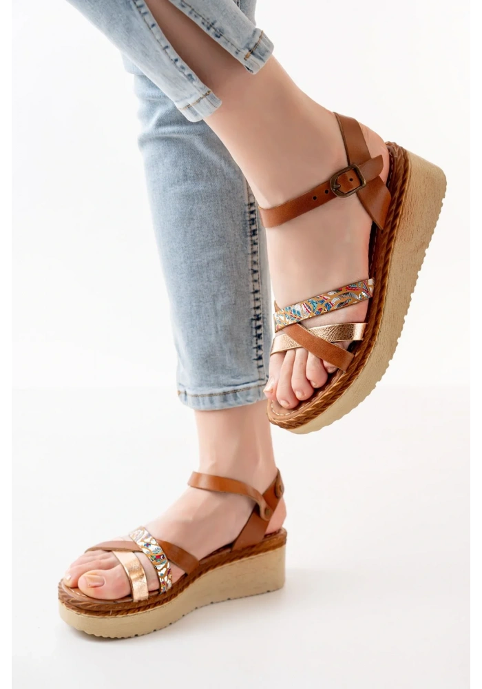 730-015 Taba Garni Ortopedik Hakiki Deri Dolgu Kadın Sandalet