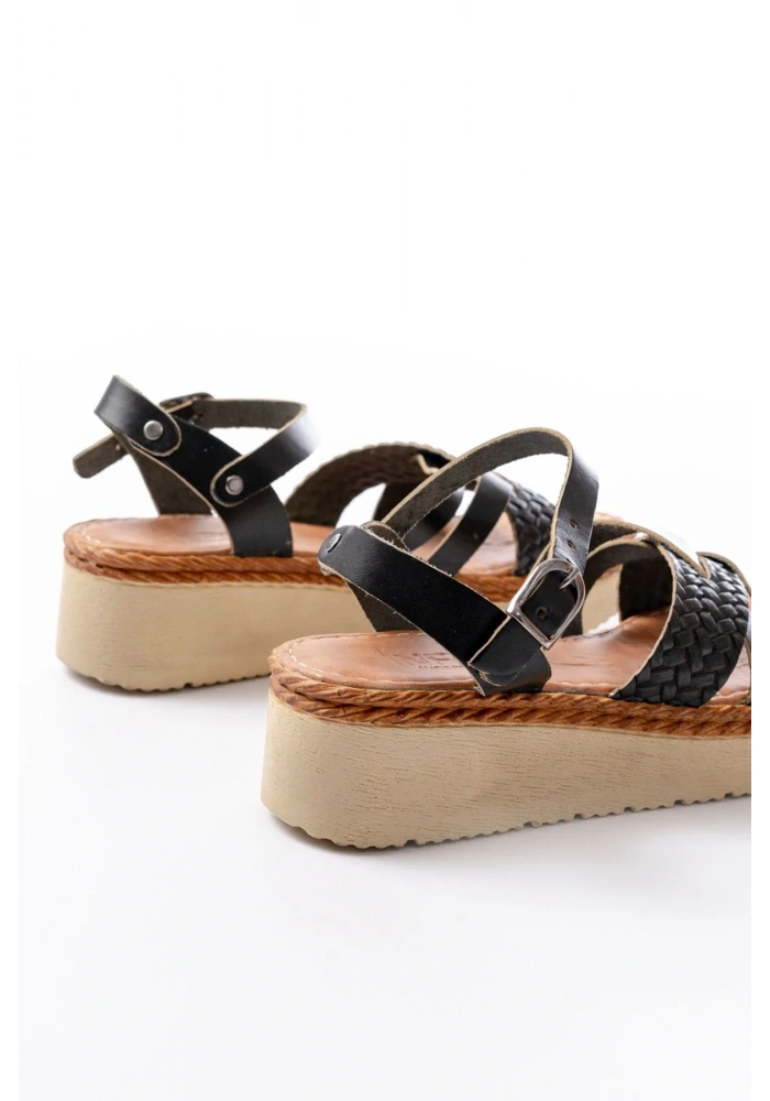 730-138 Siyah Örgü Hakiki Deri Ortopedik Taban Kadın Sandalet