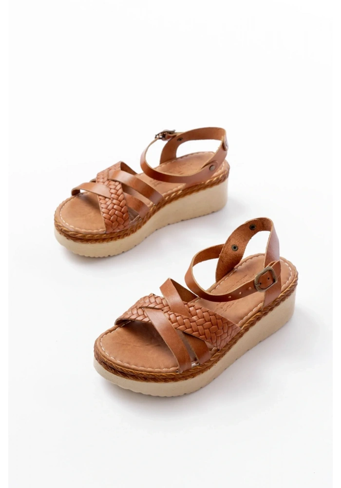 730-138 Taba Örgü Hakiki Deri Ortopedik Taban Kadın Sandalet