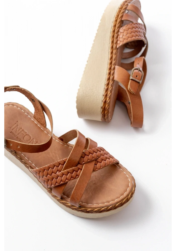 730-138 Taba Örgü Hakiki Deri Ortopedik Taban Kadın Sandalet