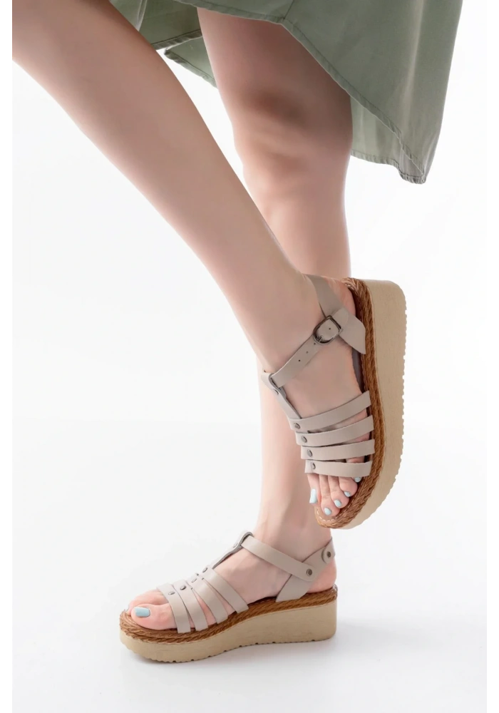 730-142 Bej Hakiki Deri Ortopedik Taban Kadın Sandalet