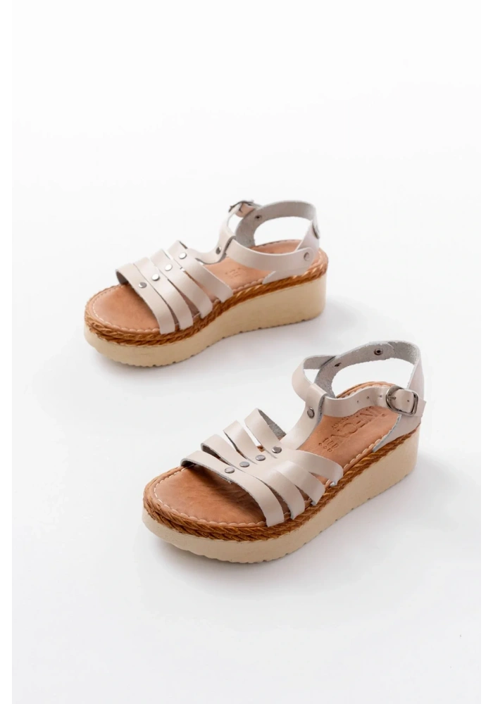 730-142 Bej Hakiki Deri Ortopedik Taban Kadın Sandalet