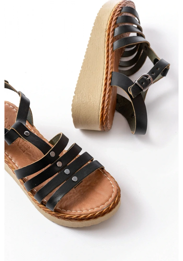 730-142 Siyah Hakiki Deri Ortopedik Taban Kadın Sandalet