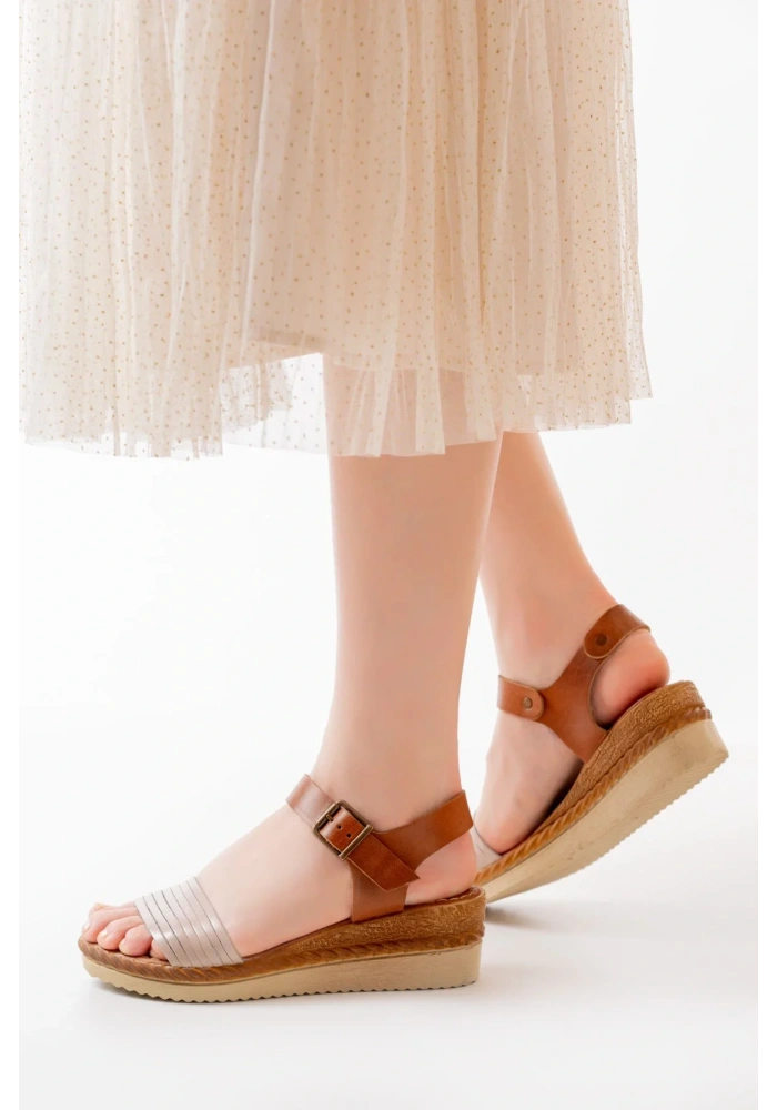 731-07 Bej Ortopedik Hakiki Deri Dolgu Kadın Sandalet