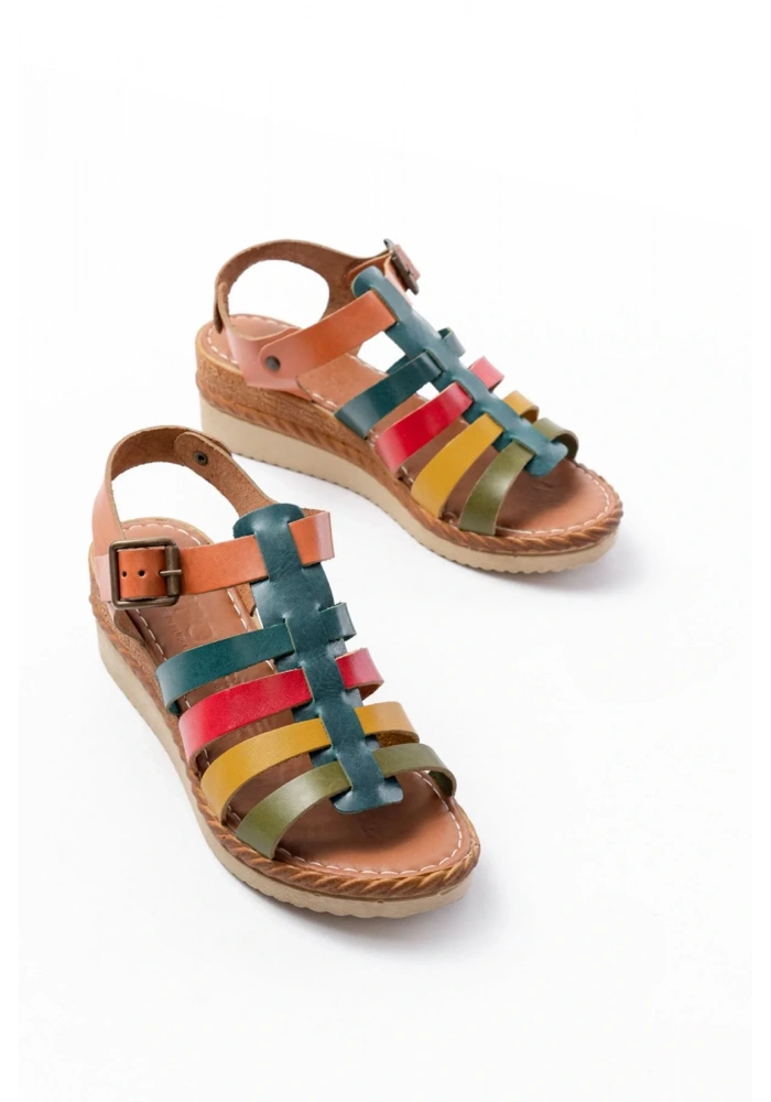 731-204 Multi  Hakiki Deri Dolgu Topuklu Günlük Kadın Sandalet