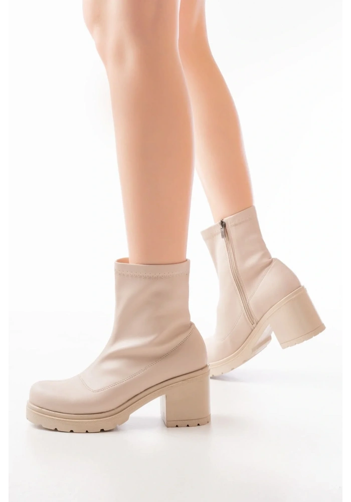 767-3012 Streç Bej Fermuarlı Kalın Topuklu Günlük Kadın Bot