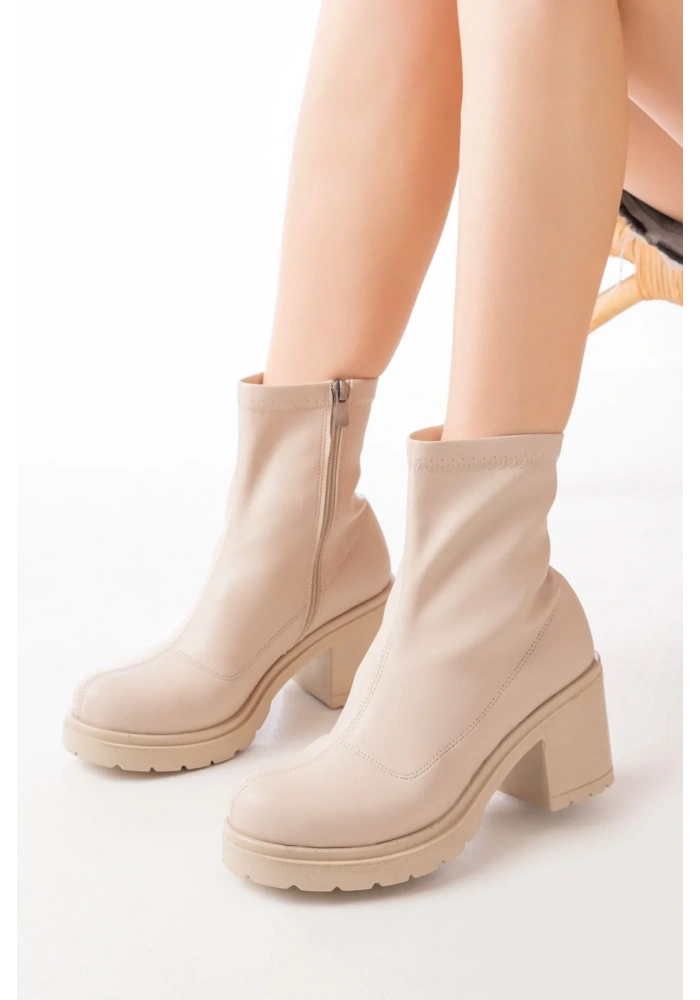 767-3012 Streç Bej Fermuarlı Kalın Topuklu Günlük Kadın Bot