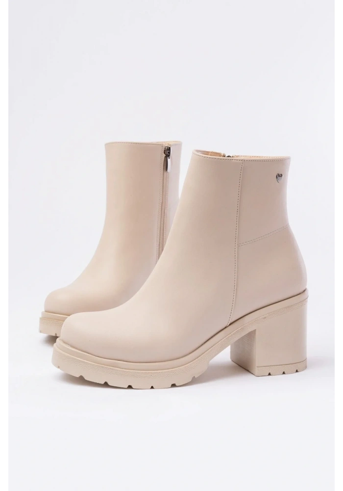 767-3020 Bej Fermuarlı Kalın Topuklu Günlük Kadın Bot
