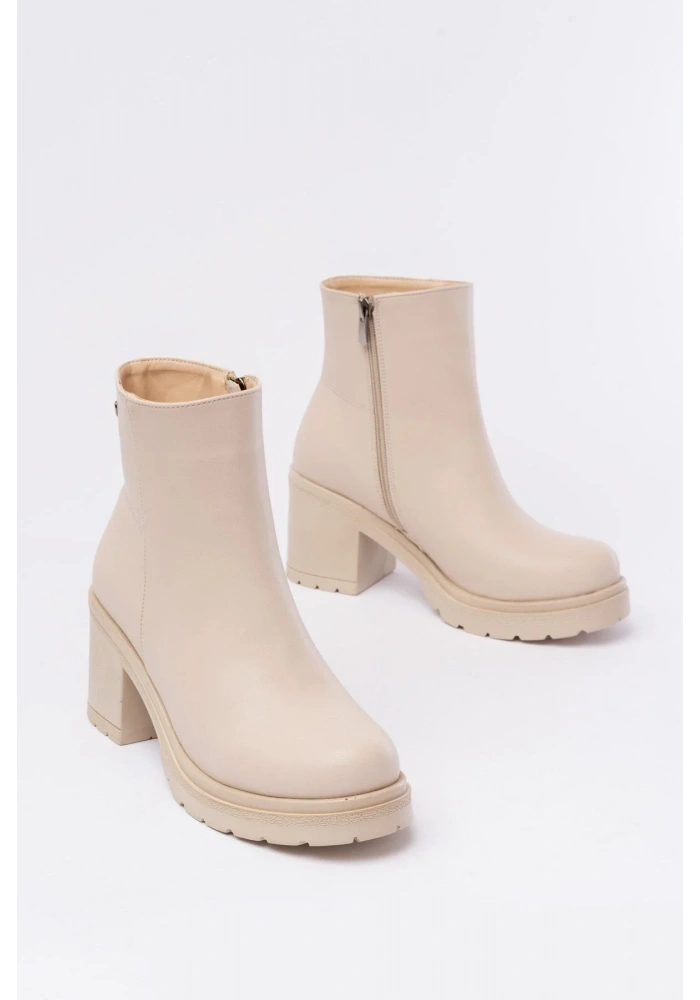 767-3020 Bej Fermuarlı Kalın Topuklu Günlük Kadın Bot