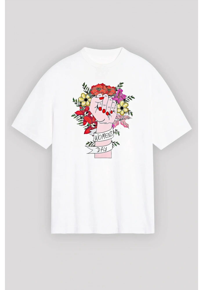 8 Mart Dünya Kadınlar Günü Baskılı Oversize Bisiklet Yaka T-shirt - Beyaz