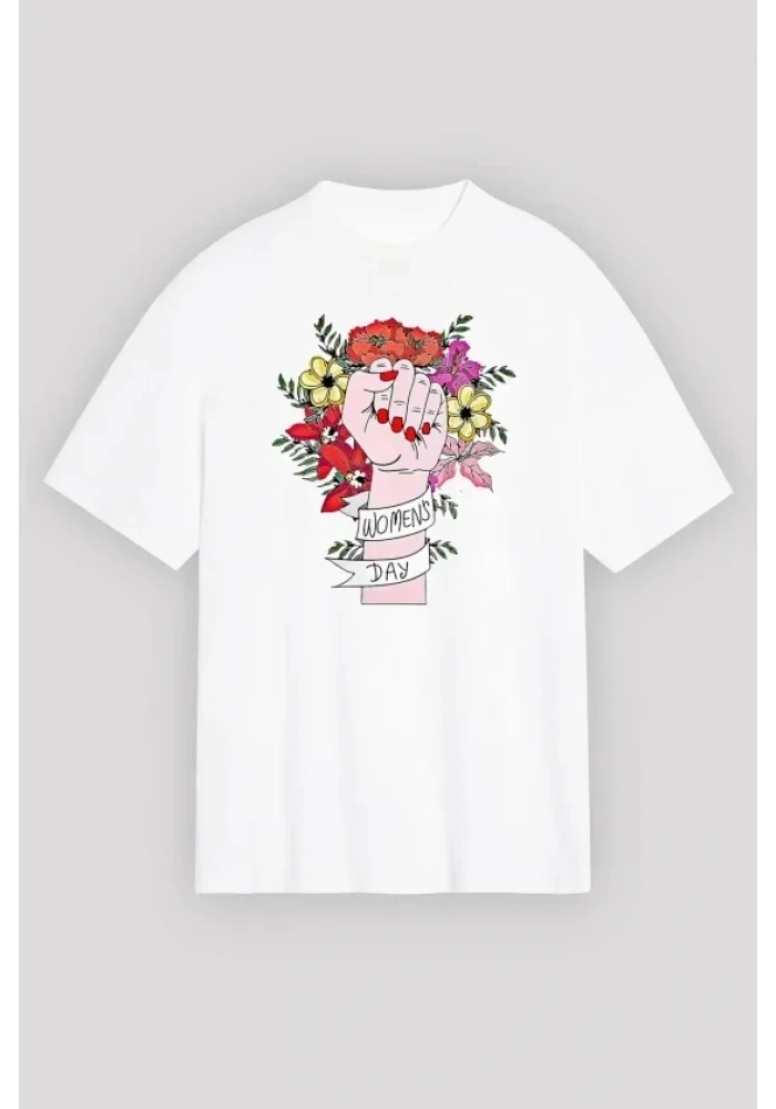 8 Mart Dünya Kadınlar Günü Baskılı Oversize Bisiklet Yaka T-shirt - Beyaz