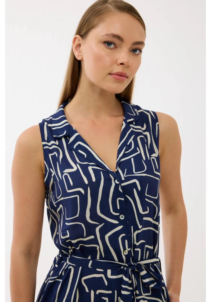 Anıl 11799 Kadın Sıfır Kol Önü Düğmel Desenlii Elbise