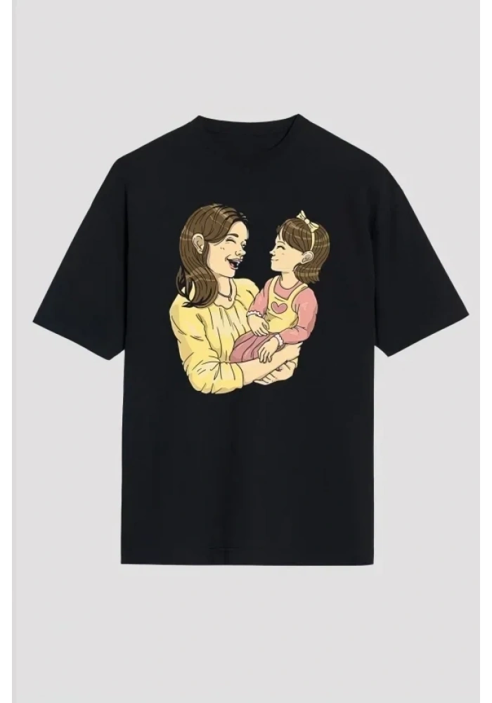 Anneler Günü Hediye Anne Kız Temalı Baskılı Oversize Bisiklet Yaka T-shirt - Siyah