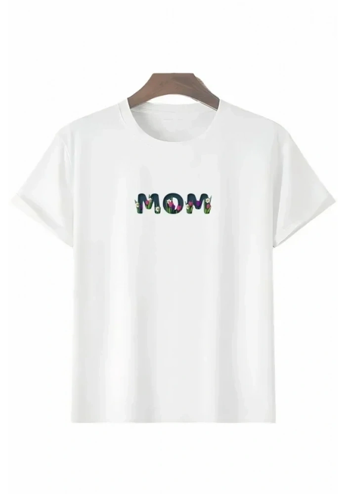 Anneler Günü Hediye Mom Çiçek Baskılı Oversize Bisiklet Yaka T-shirt - Beyaz