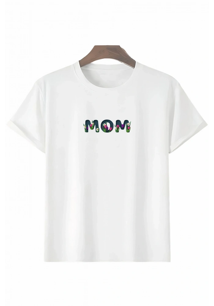 Anneler Günü Hediye Mom Çiçek Baskılı Oversize Bisiklet Yaka T-shirt - Beyaz