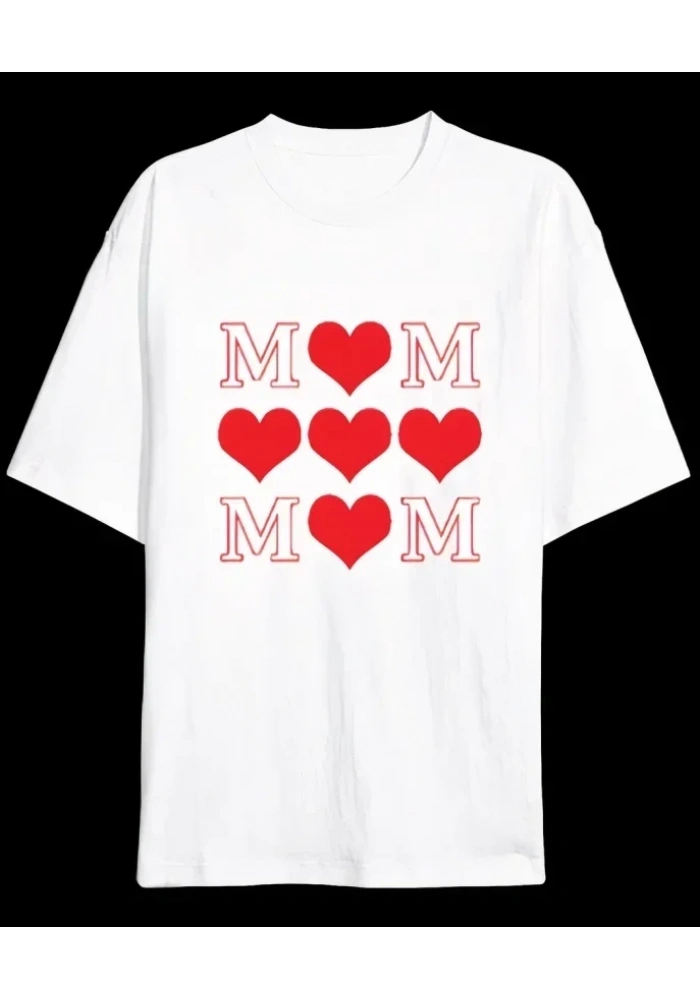 Anneler Günü Hediye MOM Kalp Baskılı Oversize Bisiklet Yaka T-shirt - Beyaz